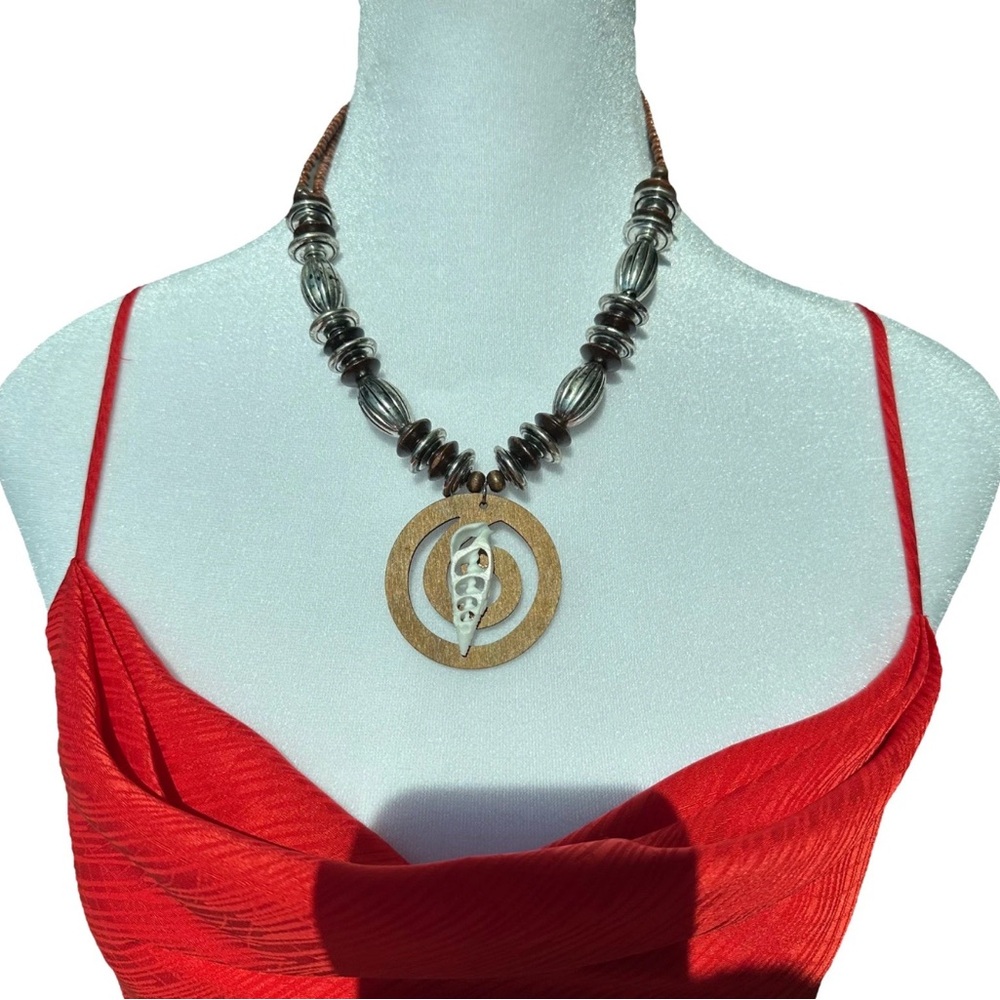 Boho Tribal Wood & Shell Statement Necklace